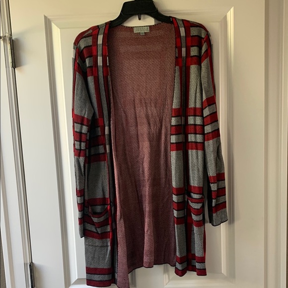 Gray and Red Plaid Cardigan Sweater - Picture 1 of 4